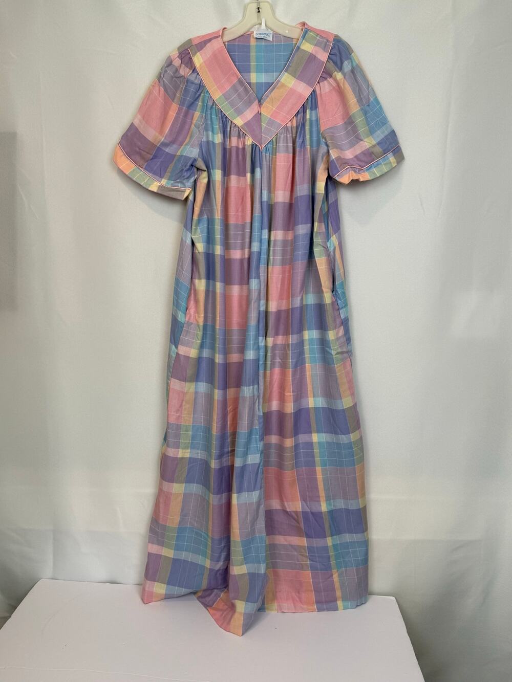 Vintage Lorraine 1970s 80s Pastel Plaid Maxi House Dress Robe Made USA L/XL